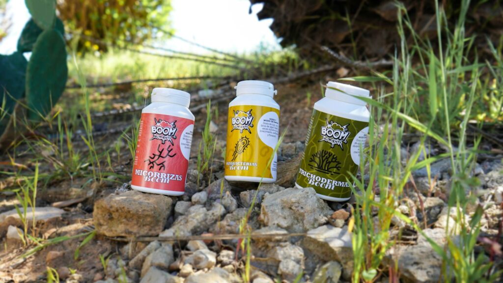 Tres botellas de nutrientes líquidos para plantas sobre piedras